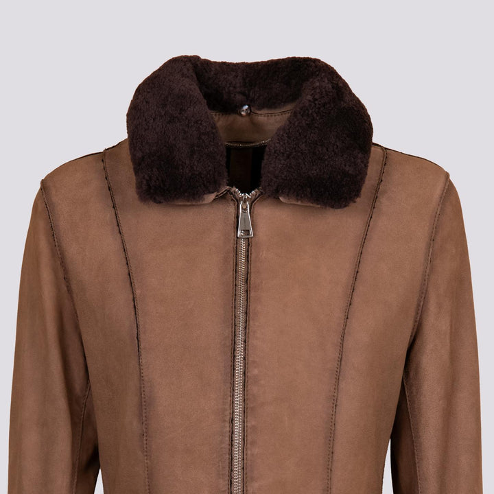 GIUBBOTTO IN CAMOSCIO CON ZIP E COLLO IN MONTONE TABACCO BET8 87 JACK LEATHER 