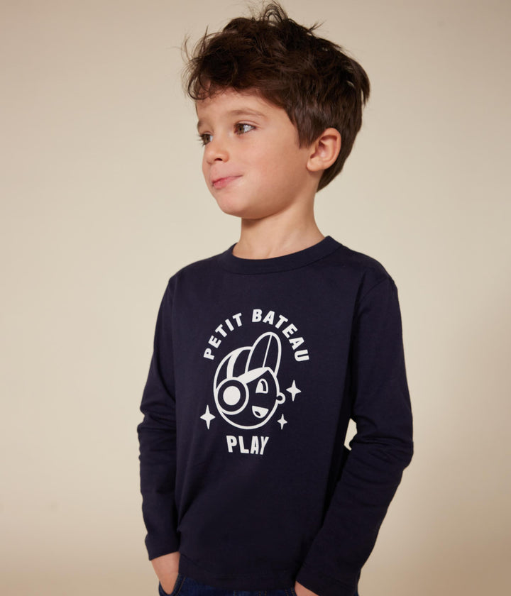 T-shirt blu a maniche lunghe in jersey sottile bambino A0BJK 05 PETIT BATEAU 