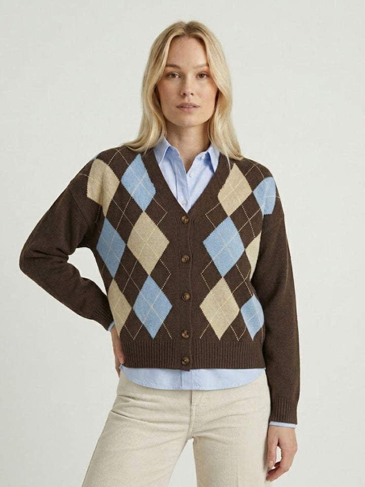 Cardigan con fantasia a rombi in cotone moro e azzurro D90106 AZZURRO/TABACCO ANDREA MORANDO 