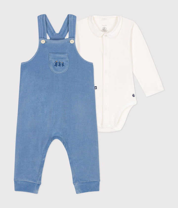 Completo salopette blu fantasia pulcini in velluto bebè A0BN8 01 PETIT BATEAU 