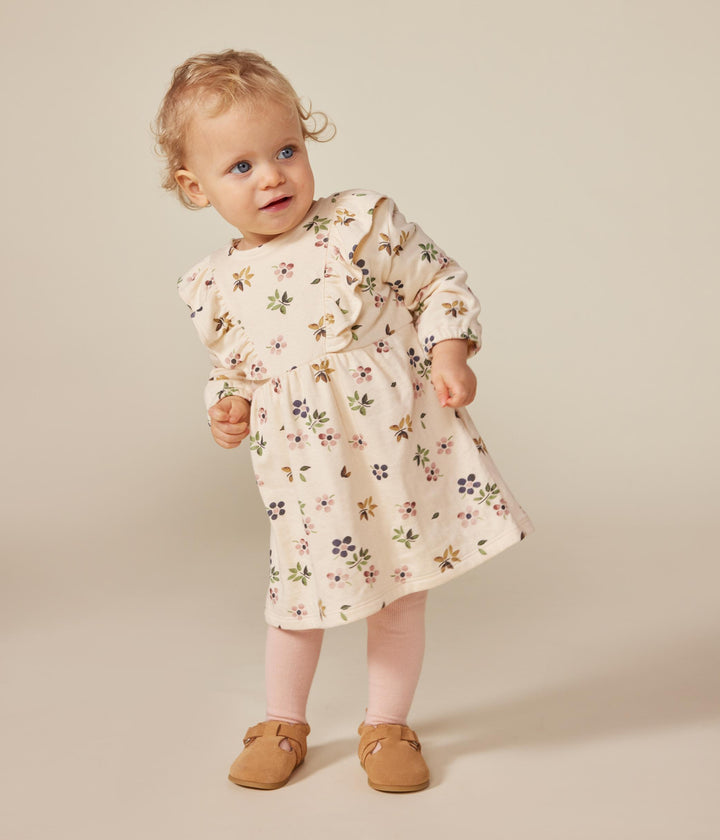 Abito bianco con stampa floreale a maniche lunghe in tubique A0BKL 01 PETIT BATEAU 