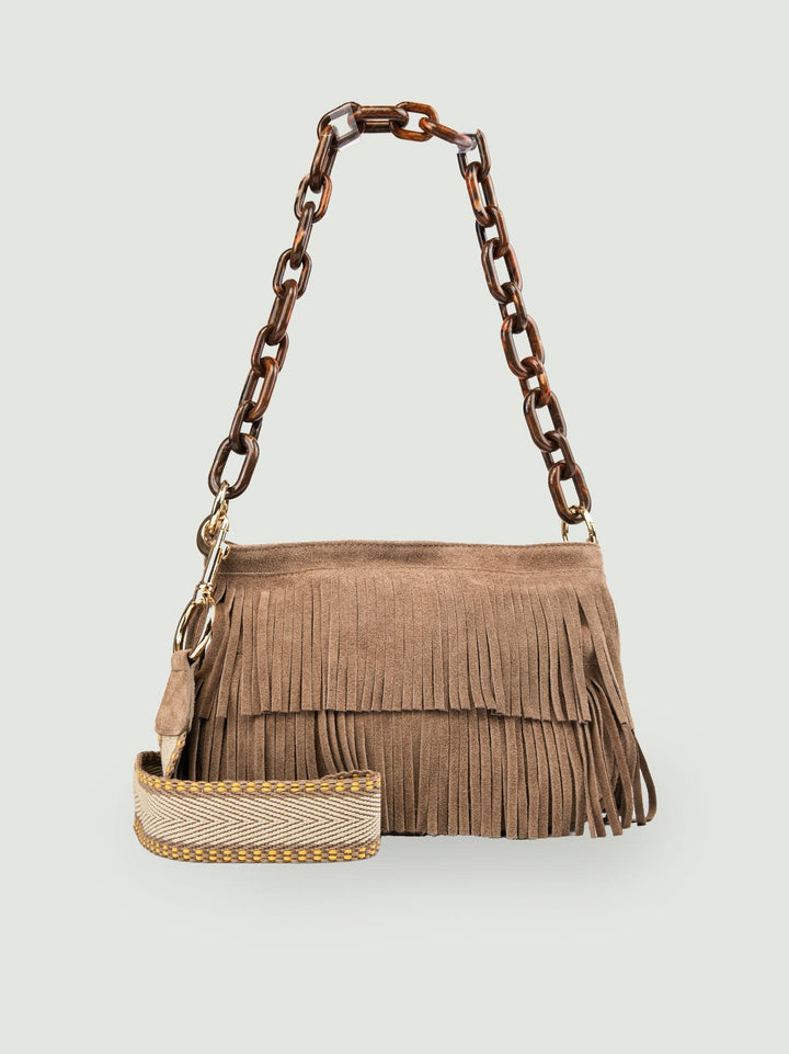 BORSA JIGLY CON FRANGE IN CAMOSCIO TAUPE JIGLY TAUPE BIMOR 