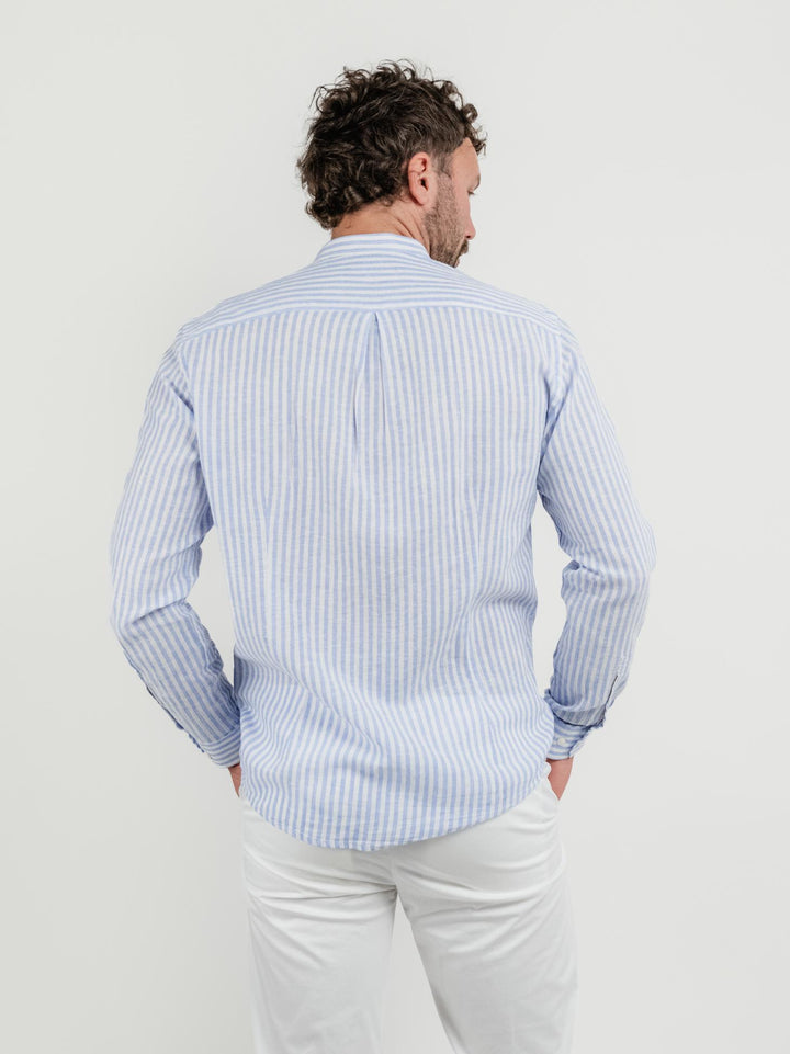 Camicia alla coreana a righe bianche e azzurre