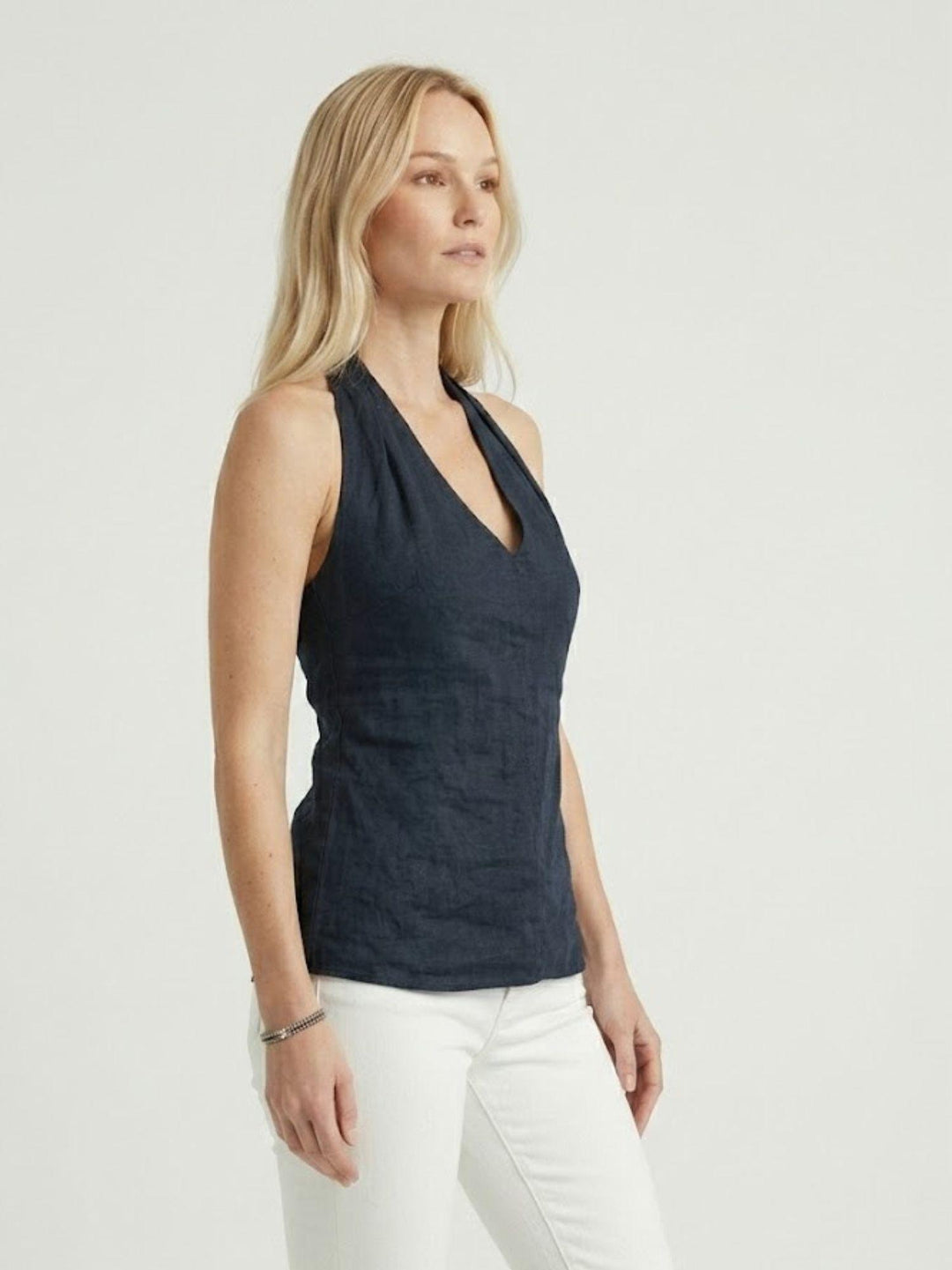 Top con scollo a V in lino navy 6TS0527 NAVY ANDREA MORANDO 