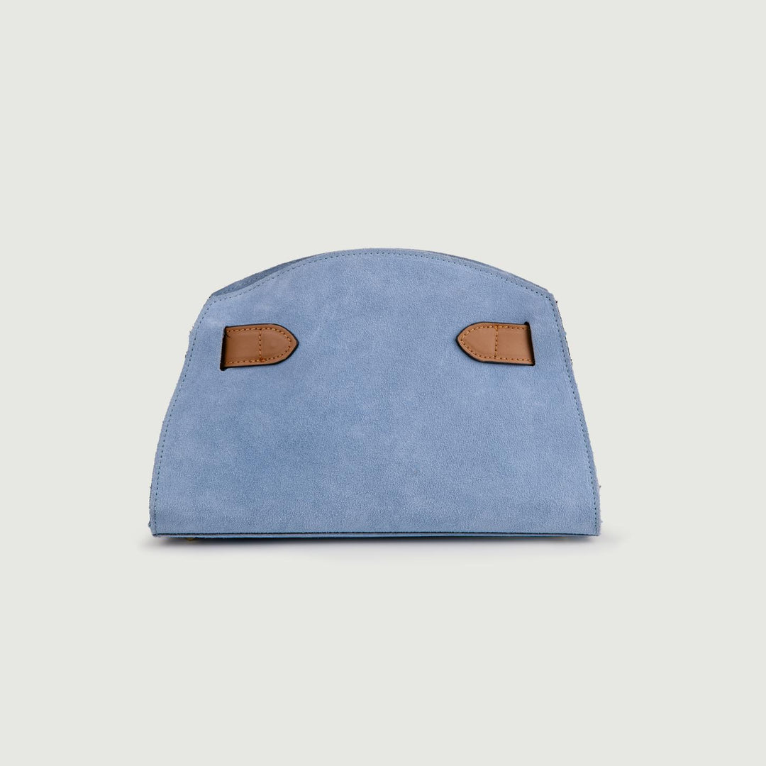 BORSA A TRACOLLA IN CAMOSCIO AZZURRO CON INSERTI IN PELLE CUOIO "SOPH" SOPH CARTA ZUCCHERO BIMOR 
