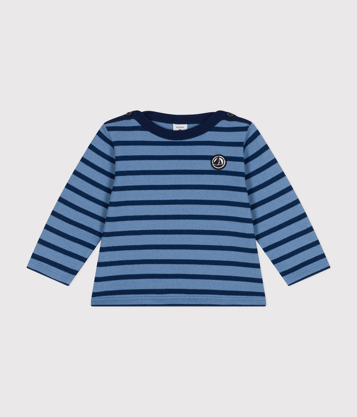 Maglia blu a righe in cotone spesso neonato A0BM3 02 PETIT BATEAU 