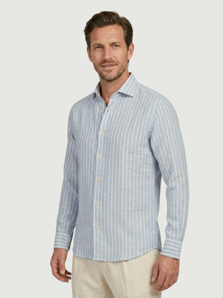 Camicia in lino azzurra con righe bianche BU26S02CALINCOT416 240 ANDREA MORANDO 