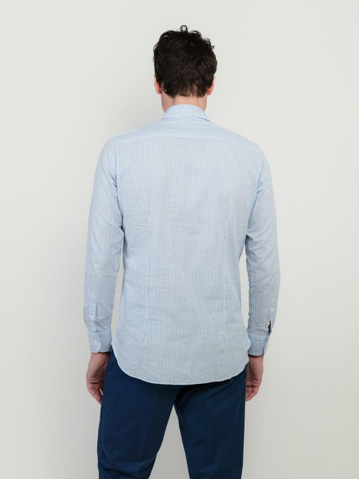 CAMICIA SLIM FIT IN COTONE SEERSUCKER A RIGHE BIANCHE E AZZURRE