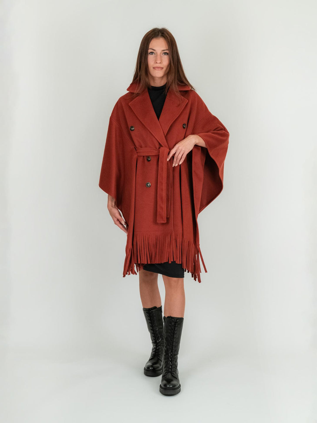Cappotto mantella con frange mattone 9737CDH 56 ANDREA MORANDO 