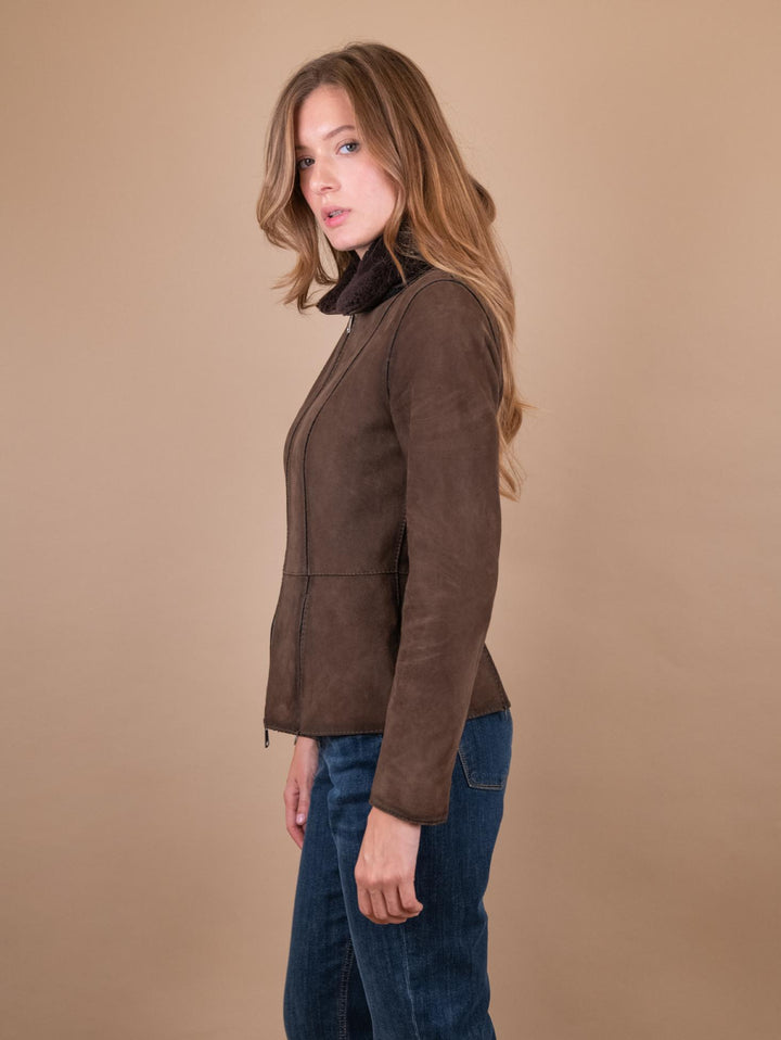 GIUBBOTTO "JUNGLE" IN CAMOSCIO CON ZIP E COLLO IN MONTONE NOCE BET8 704 JACK LEATHER 