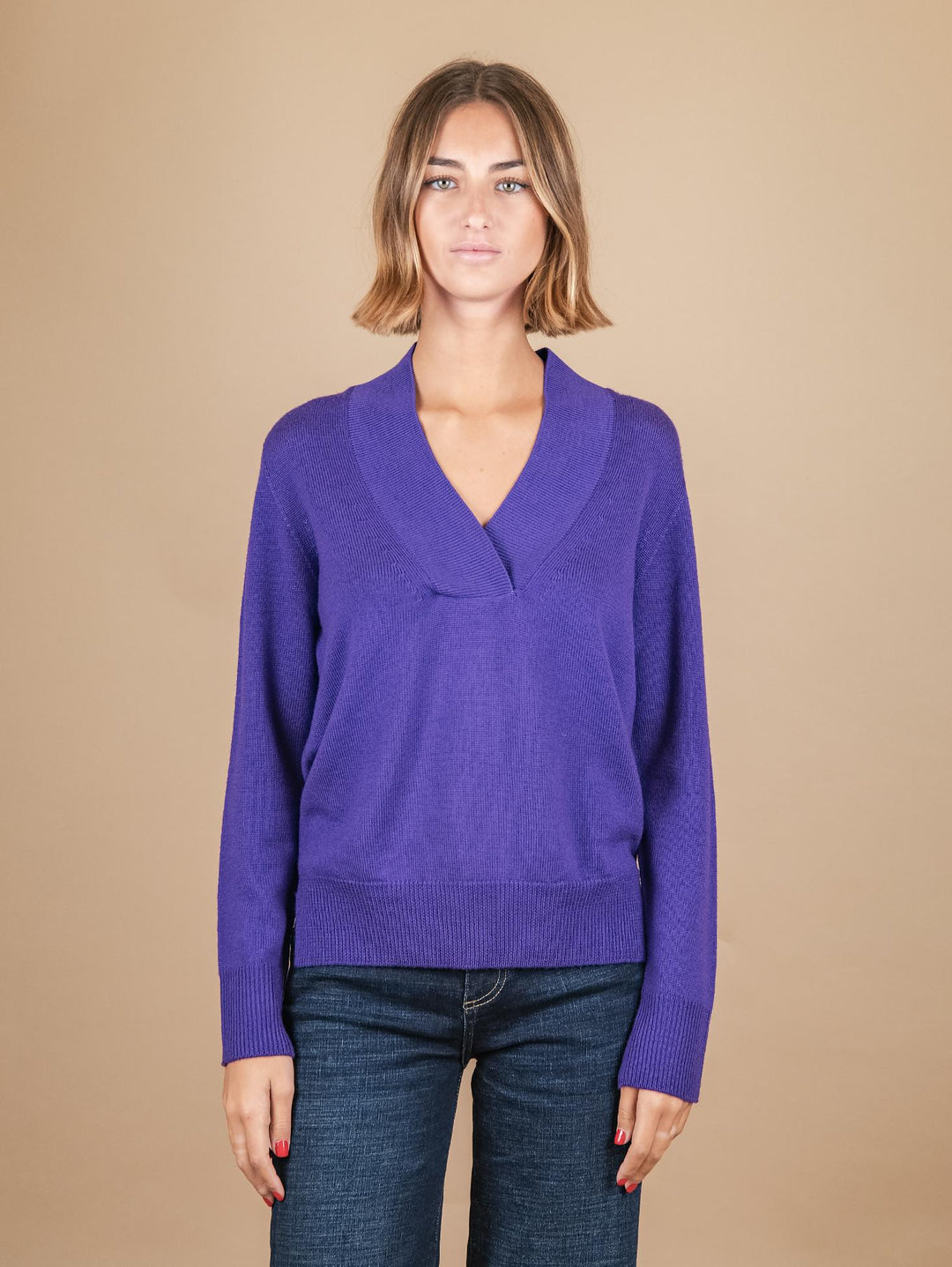 MAGLIA MAXI SCOLLO A V IN LANA VERGINE VIOLA 2378068 079 ANDREA MORANDO 