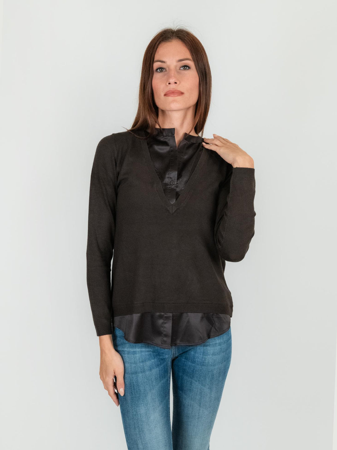 MAGLIA CAMICIA tono su tono marrone 245W1001 069 ANDREA MORANDO 