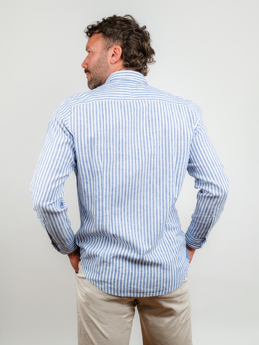 CAMICIA IN LINO E COTONE A RIGHE BIANCHE E BLUETTE