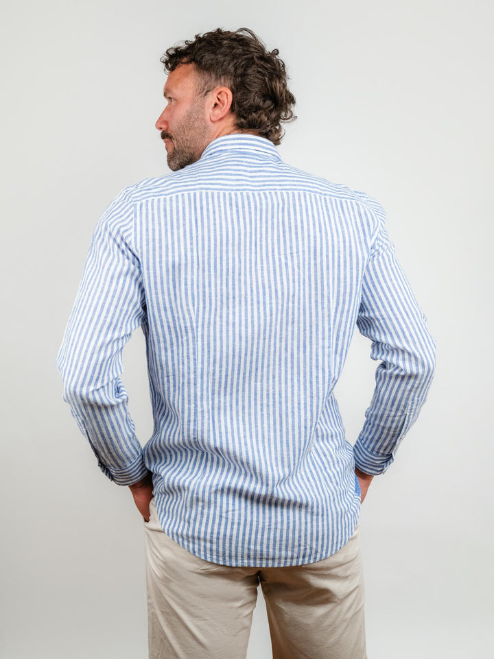 CAMICIA IN LINO E COTONE A RIGHE BIANCHE E BLUETTE