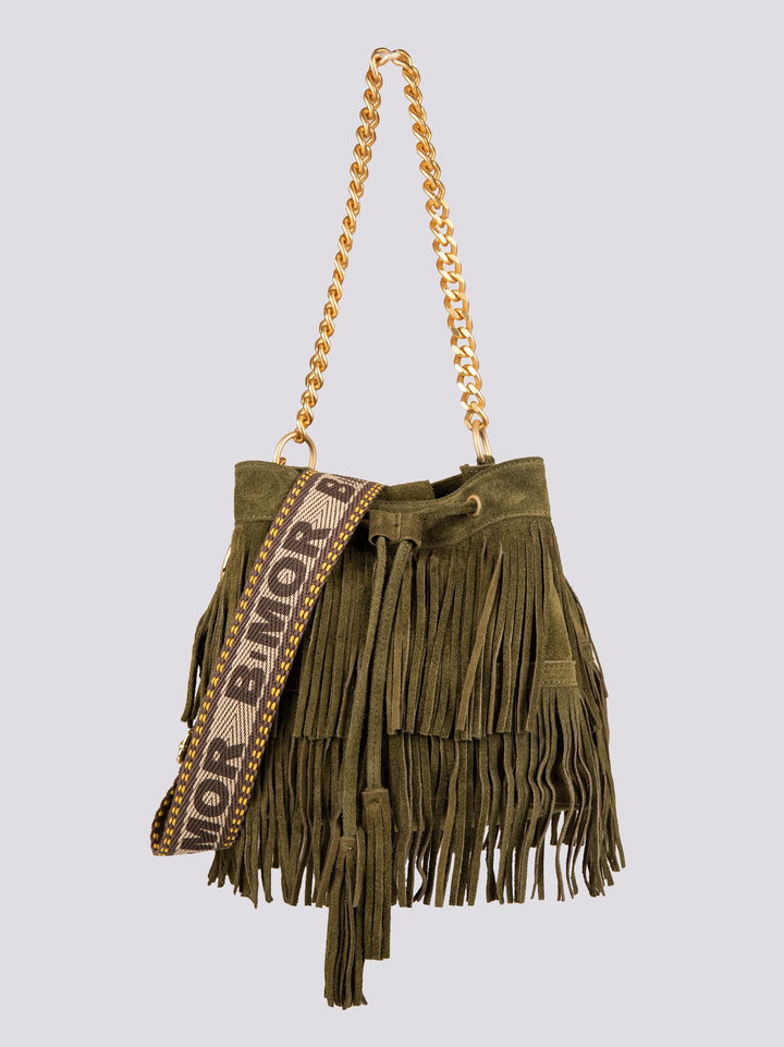 BORSA A SECCHIELLO CON FRANGE IN CAMOSCIO VERDE MILITARE "WILD" WILD VERDE MILITARE BIMOR 