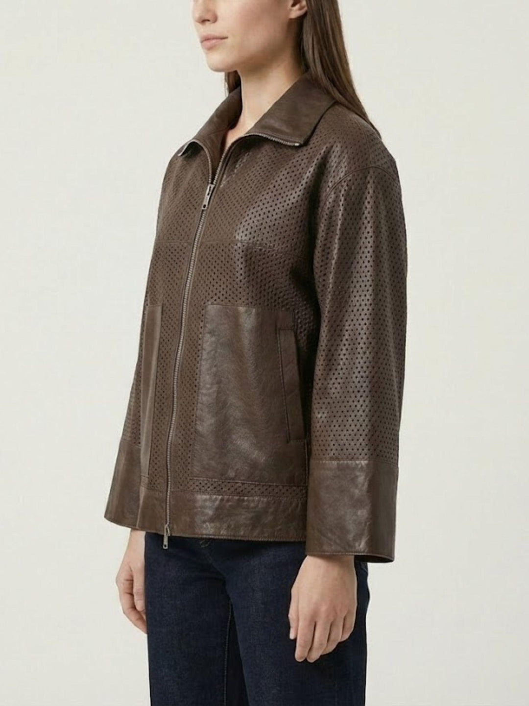 Giacca Giglio in pelle traforata marrone scuro GIPE 06 JACK LEATHER 