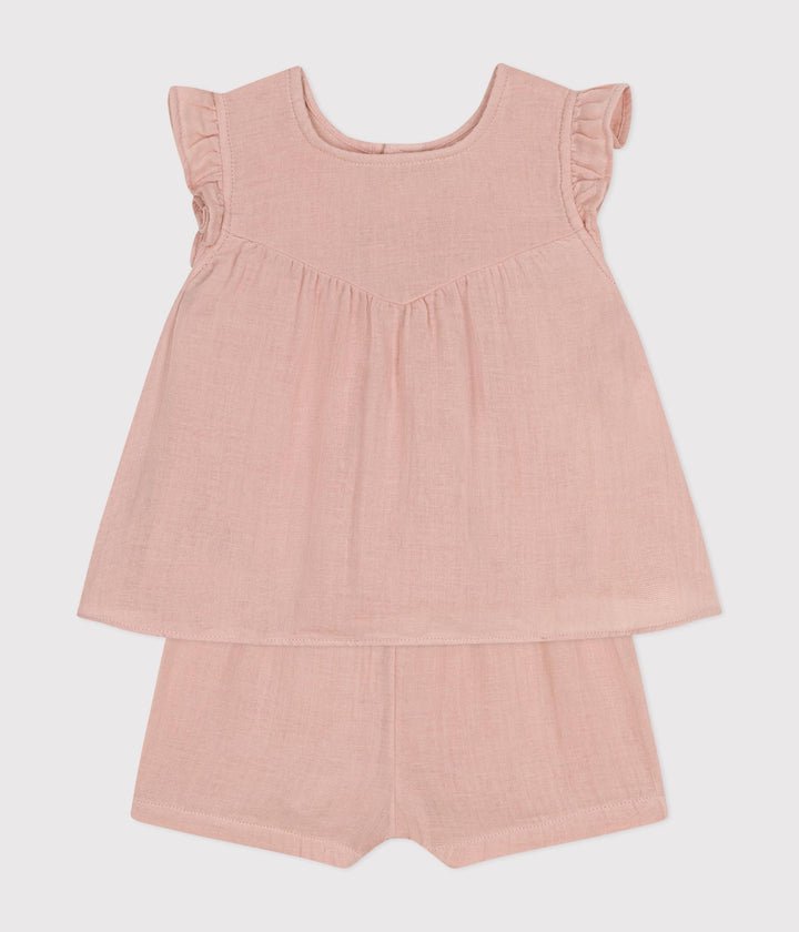 COMPLETO BEBÈ ROSA IN GARZA DI COTONE A09TU 01 PETIT BATEAU 