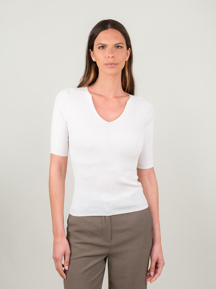 MAGLIA A COSTINE BIANCA SCOLLO A V 3922 BIANCO ANDREA MORANDO 