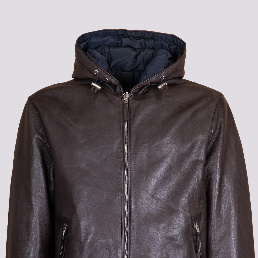 GIUBBOTTO REVERSIBILE IMBOTTITO CON CAPPUCCIO IN PELLE MARRONE  "JONAH" JONAH 06 JACK LEATHER 