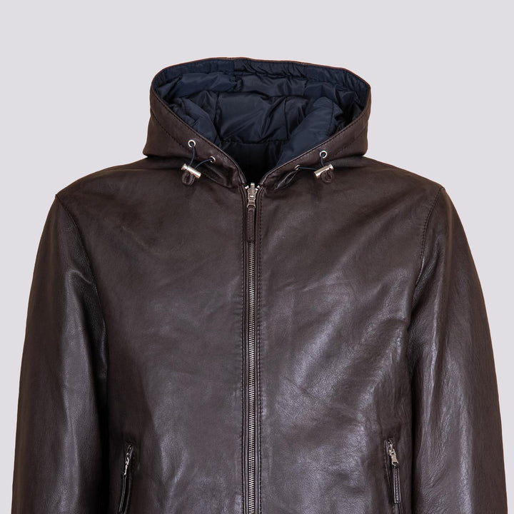 GIUBBOTTO REVERSIBILE IMBOTTITO CON CAPPUCCIO IN PELLE MARRONE  "JONAH" JONAH 06 JACK LEATHER 