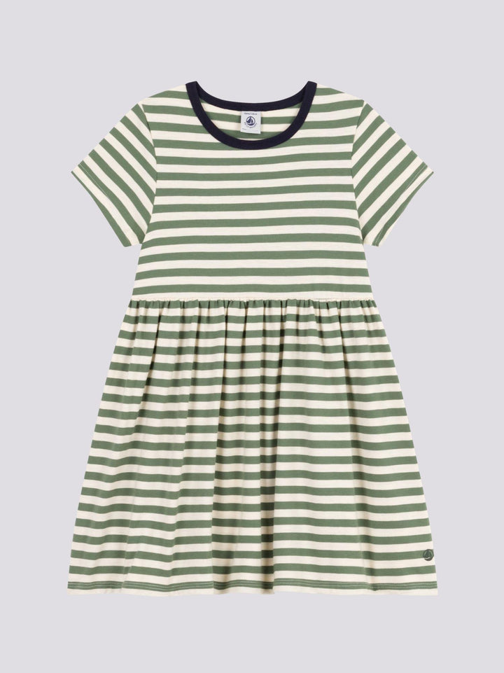 ABITO A MANICHE CORTE IN COTONE VERDE A RIGHE BAMBINA A09SU 01 PETIT BATEAU 