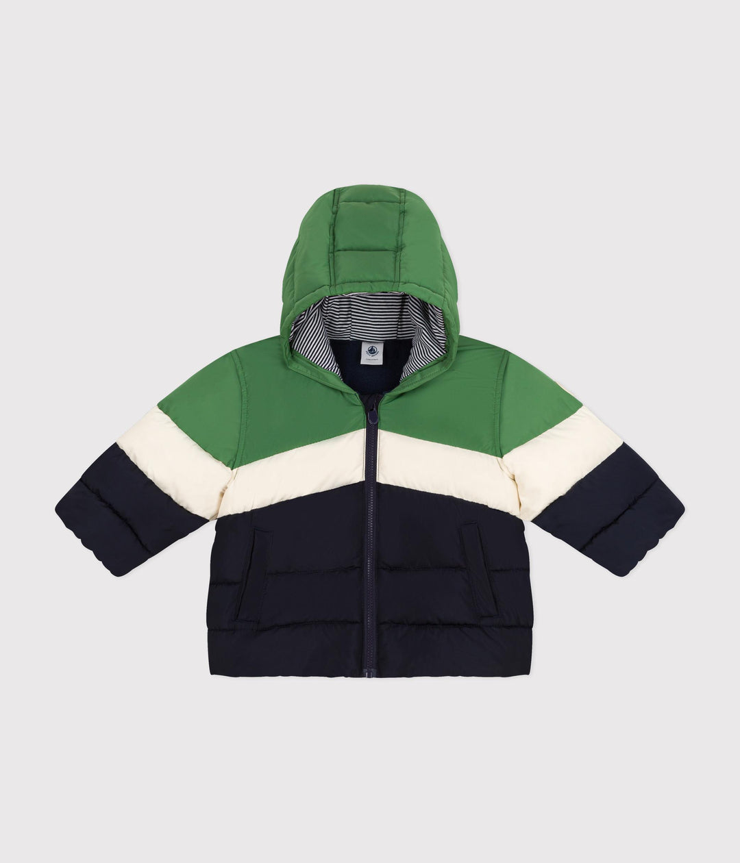Piumino color block verde, crema e blu con cappuccio A0B43 01 PETIT BATEAU 