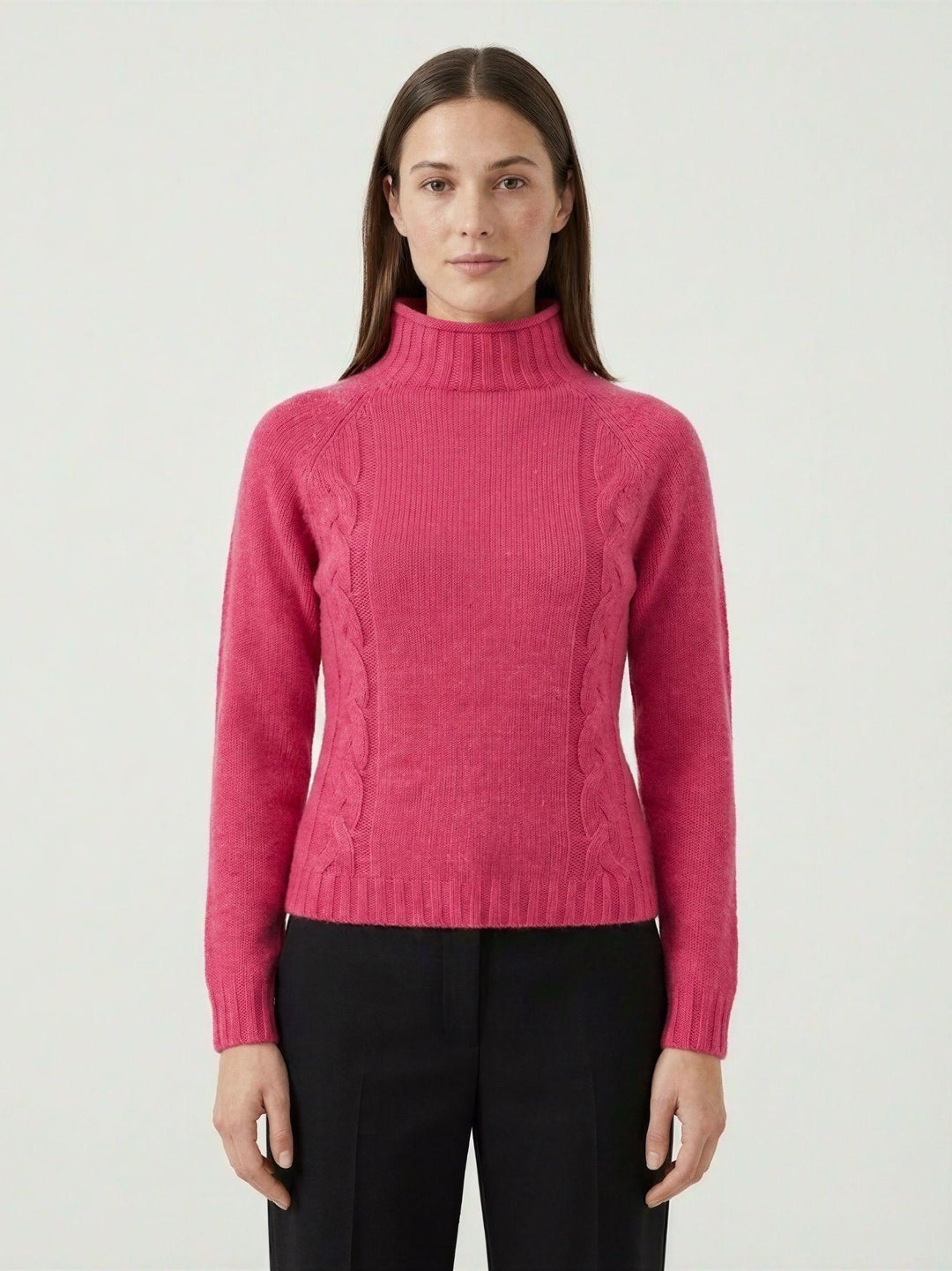 Maglia lupetto in lana fucsia con trecce 14117LU GERANIO ANDREA MORANDO 