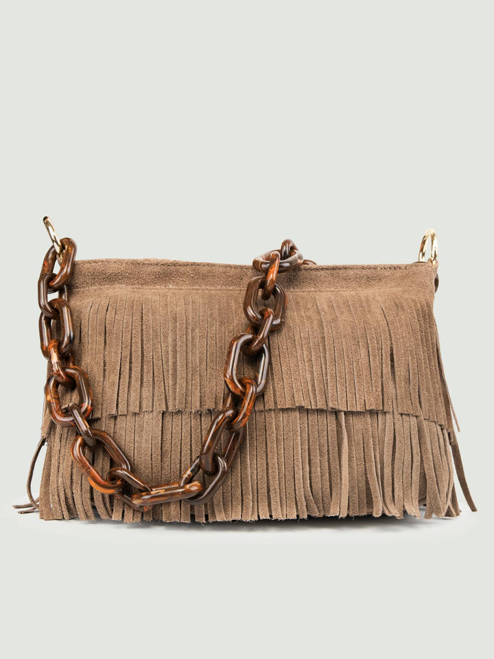 BORSA JIGLY CON FRANGE IN CAMOSCIO TAUPE JIGLY TAUPE BIMOR 