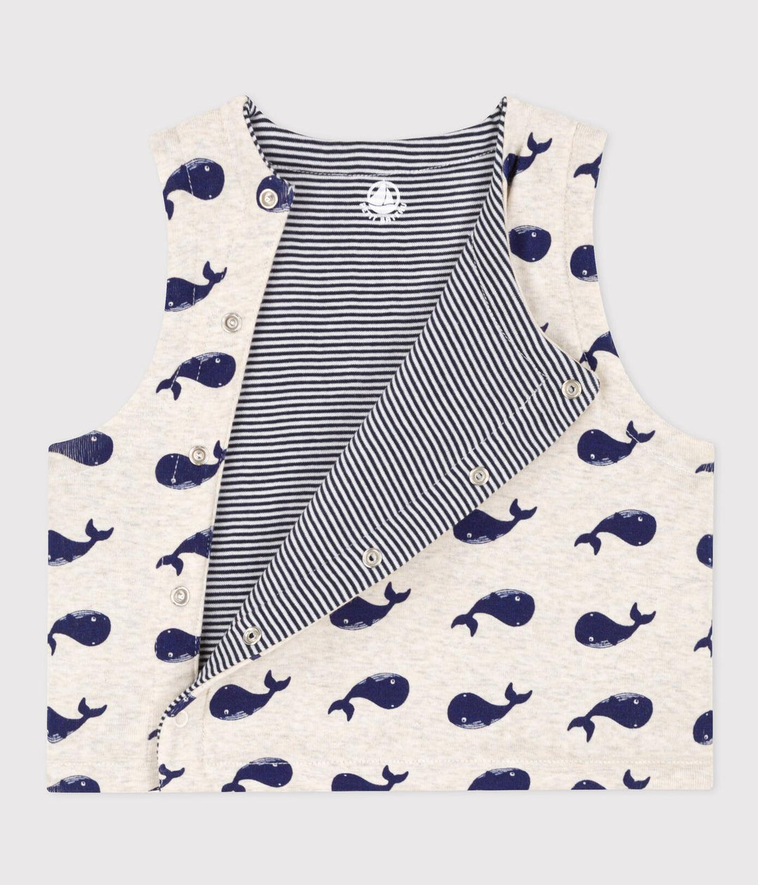 GILET SENZA MANICHE BEBÈ DOUBLE FACE CON MOTIVO BALENE A086F 01 PETIT BATEAU 
