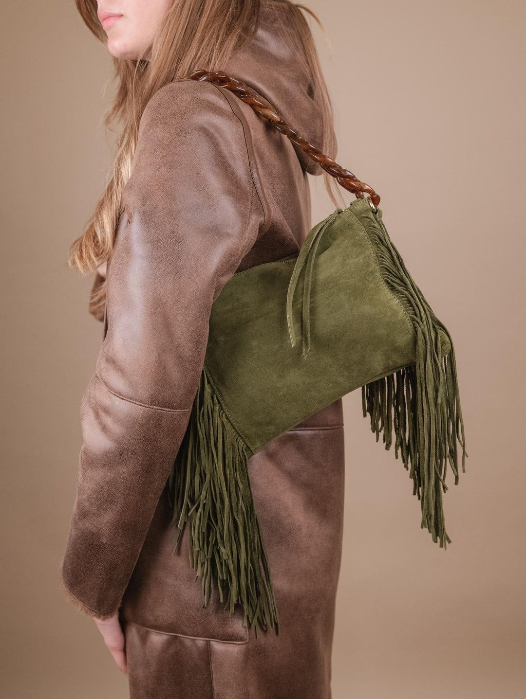BORSA A TRACOLLA IN CAMOSCIO VERDE MILITARE  CON FRANGE "FLAPPY" FLAPPY VERDE MILITARE BIMOR 