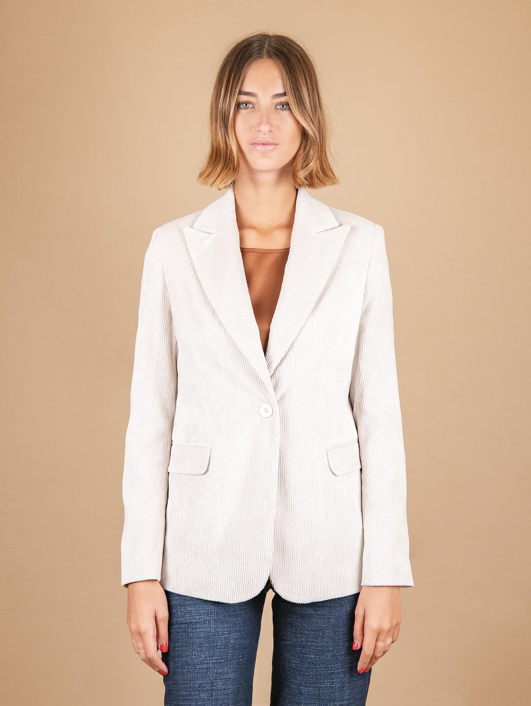 BLAZER MONOPETTO IN VELLUTO A COSTE PANNA