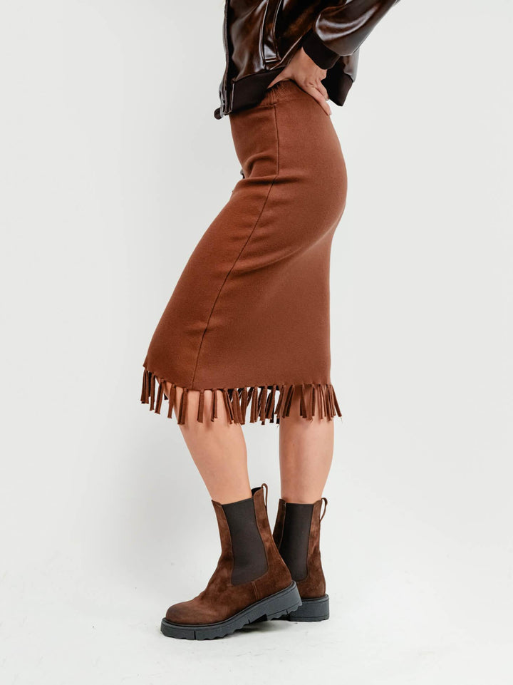 GONNA MIDI IN MAGLIA CON FRANGE CACAO ZS9096 CACAO ANDREA MORANDO 
