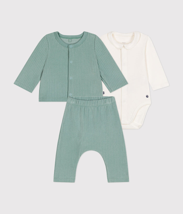 Completo verde 3 pezzi in velluto bebè A0BN9 01 PETIT BATEAU 