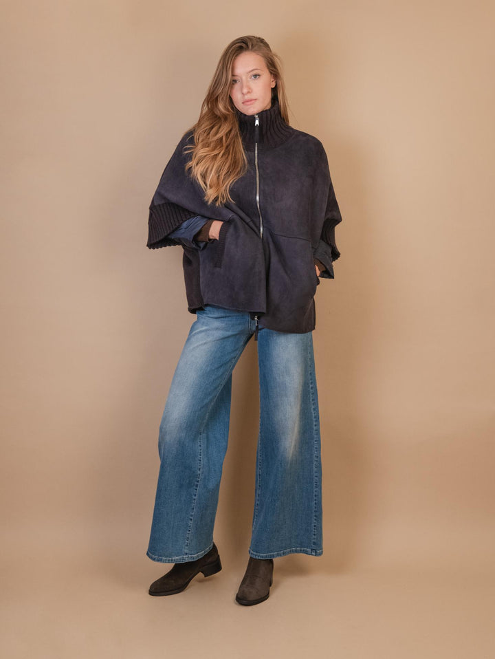 MANTELLA "ADELE" IN CAMOSCIO CON INSERTI IN MAGLIA E PIUMINO  BLU ADEK 201 JACK LEATHER 