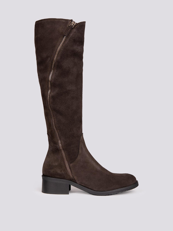 STIVALE ALTO CON ZIP ASIMMETRICHE IN CAMOSCIO MARRONE ST1011/CROSTA T MORO ANDREA MORANDO 