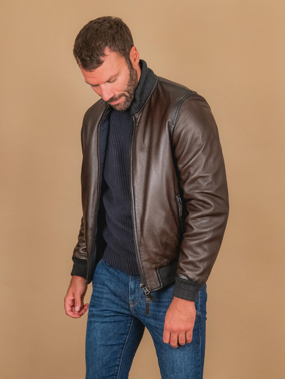 GIUBBOTTO REVERSIBILE IN PELLE MARRONE CON INSERTI IN MAGLIA "DANR" DANR 06 JACK LEATHER 