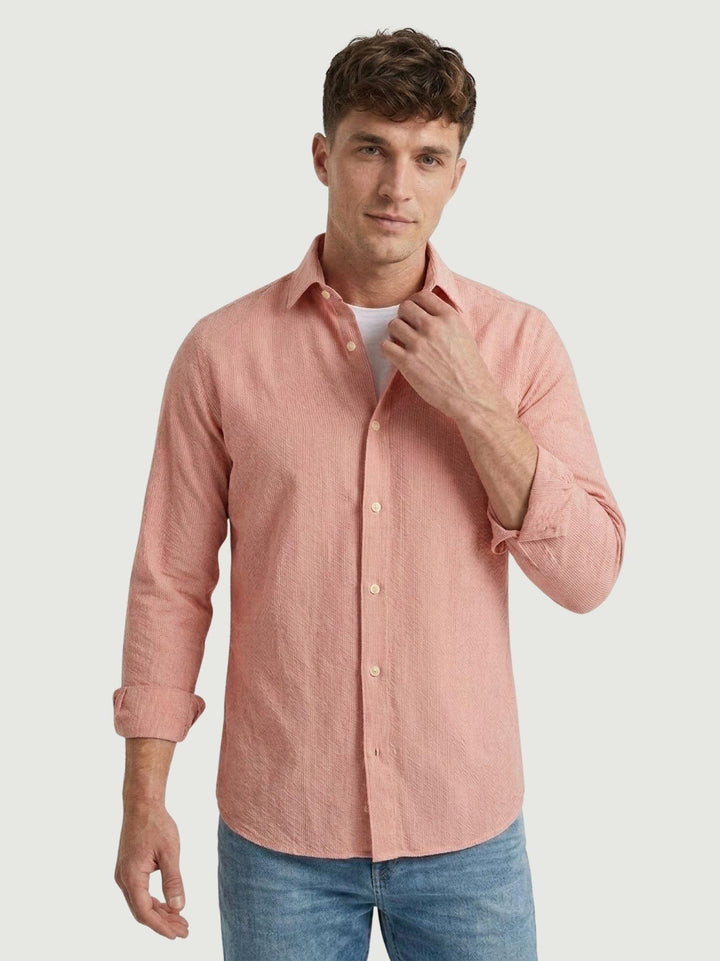 Camicia in cotone seersucker a righine rosse e bianche slim MALDIVES/SLIM 601-R662 ANDREA MORANDO 