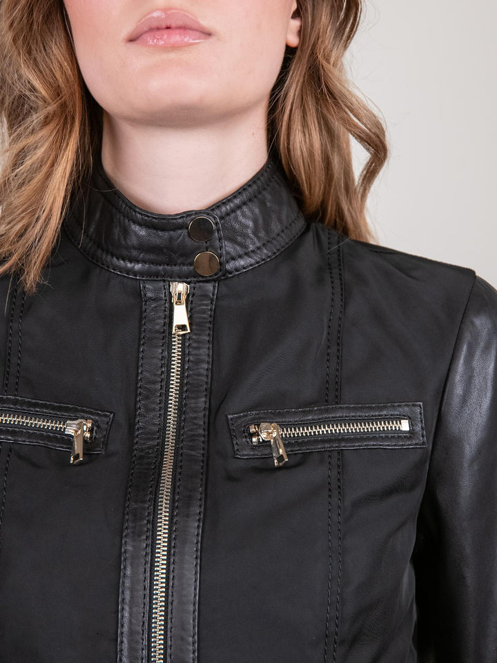 GIUBBOTTO MODELLO BIKER IN PELLE E NYLON NERO TRINIDAD 20 JACK LEATHER 