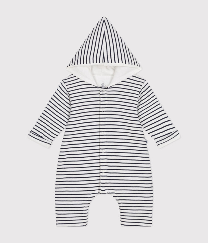 Tutina a righe lunga bebè in ovattina con cappuccio in cotone A0BMW 01 PETIT BATEAU 