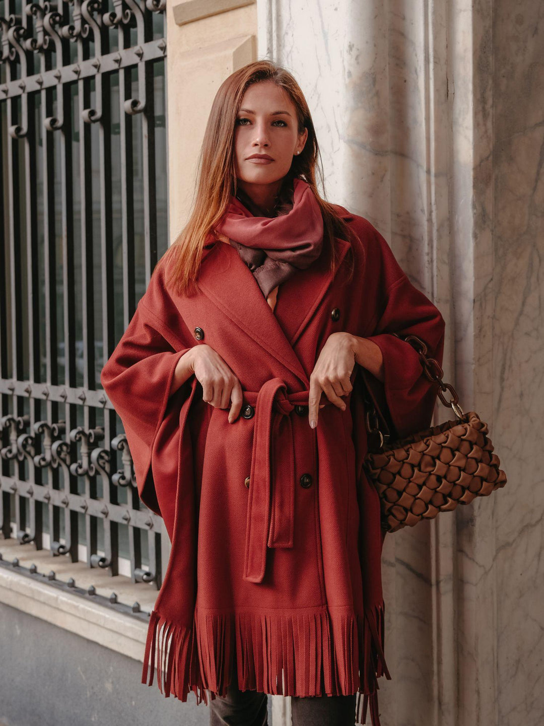 Cappotto mantella con frange mattone 9737CDH 56 ANDREA MORANDO 