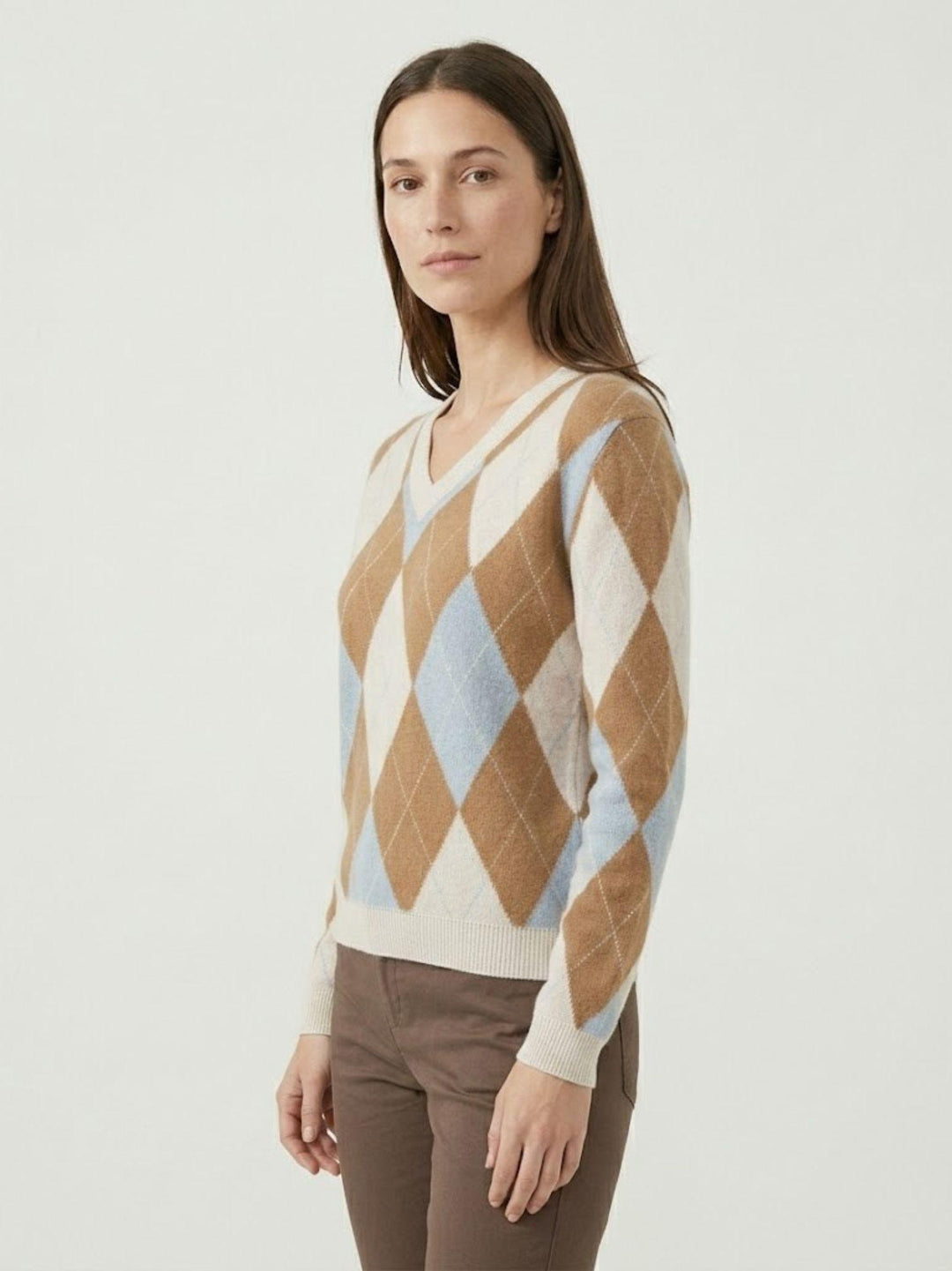 Maglione a rombi burro, caramel, celeste 26140 BURRO/CARAMEL/CELESTE ANDREA MORANDO 
