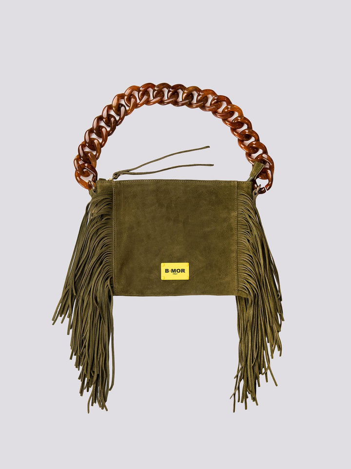 BORSA A TRACOLLA IN CAMOSCIO VERDE MILITARE  CON FRANGE "FLAPPY" FLAPPY VERDE MILITARE BIMOR 
