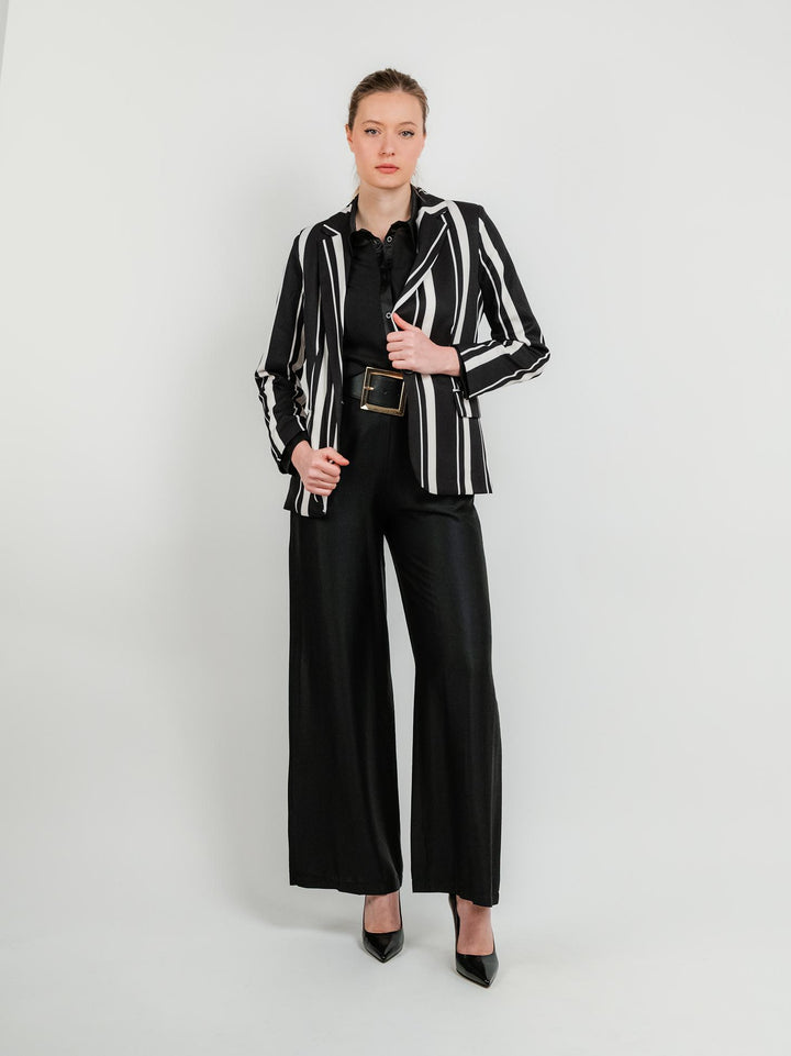 BLAZER MONOPETTO NERO A RIGHE PANNA