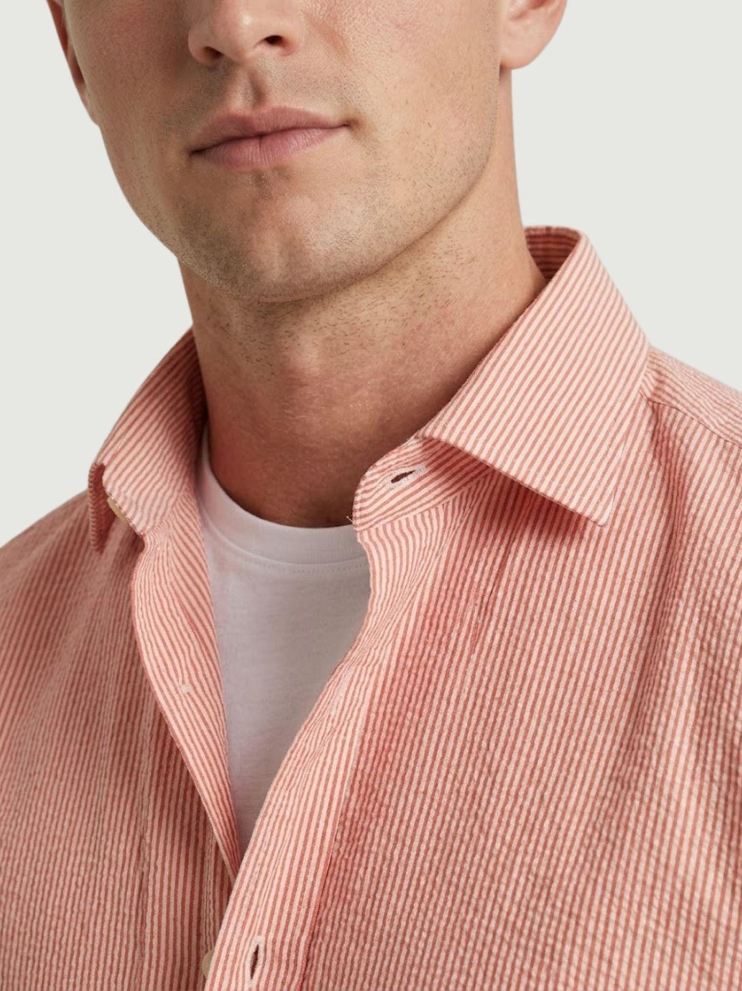 Camicia in cotone seersucker a righine rosse e bianche slim MALDIVES/SLIM 601-R662 ANDREA MORANDO 