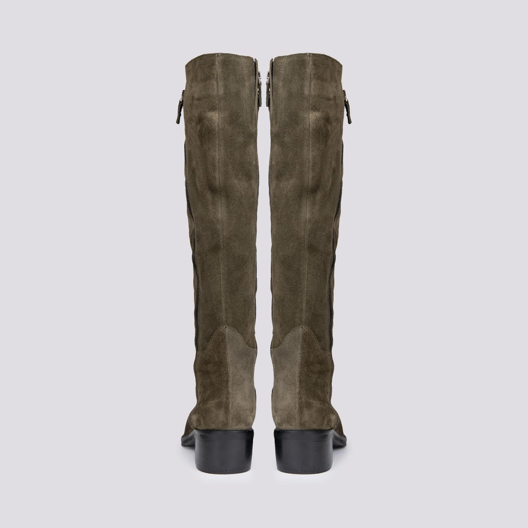 STIVALE ALTO CON ZIP ASIMMETRICHE IN CAMOSCIO VERDE ST1011/CROSTA FORESTA ANDREA MORANDO 