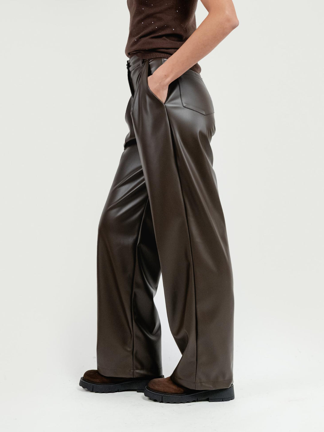 PANTALONE A PALAZZO IN ECOPELLE TESTA MORO P1060/150M MARRONE ANDREA MORANDO 