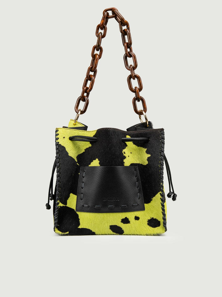 BORSA POCAHONTAS IN CAVALLINO COW PRINT LIME POCAHONTAS CAVALLINO VERDE BIMOR 