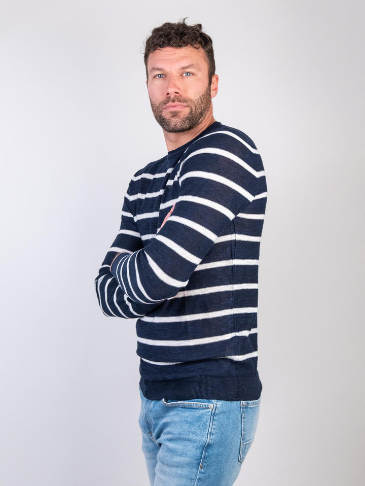 Maglia girocollo a righe blu e bianca