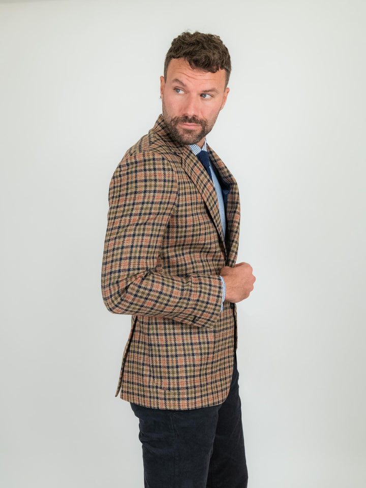 BLAZER FANTASIA CHECK IN LANA VERGINE COLOR TABACCO GIACCA. ARANCIO/BLU ANDREA MORANDO 