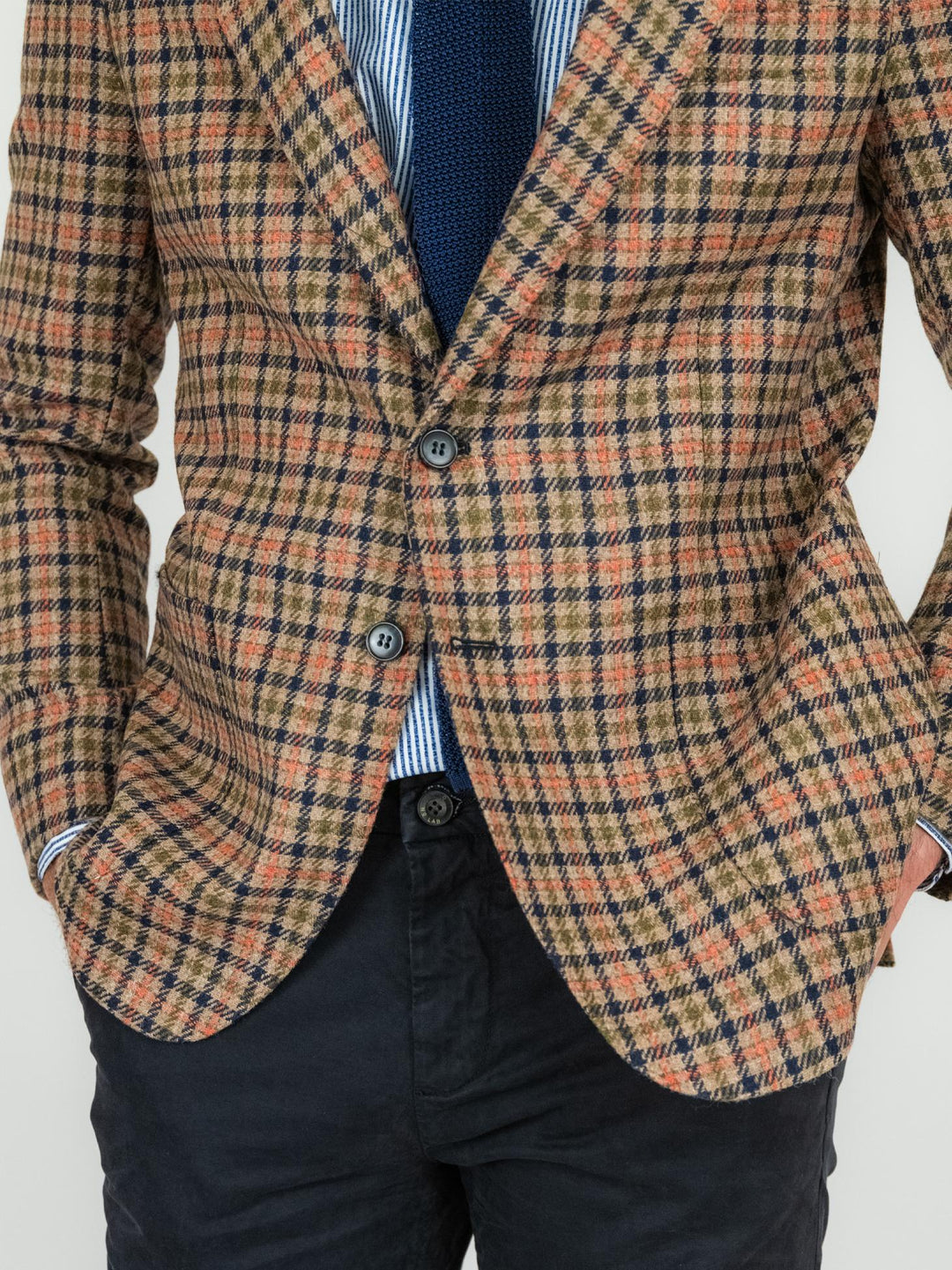 BLAZER FANTASIA CHECK IN LANA VERGINE COLOR TABACCO GIACCA. ARANCIO/BLU ANDREA MORANDO 